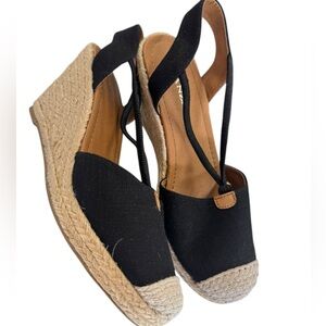 Solanz ladies Stylish Black Espadrille Wedge Sandals shoes size 10 NEW